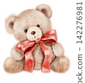 Watercolor teddy bear with soft beige fur and a red bow around its neck, an illustration for nursery decor, children's stationery, greeting cards, gifts, birthdays and Christmas holidays. 142276981