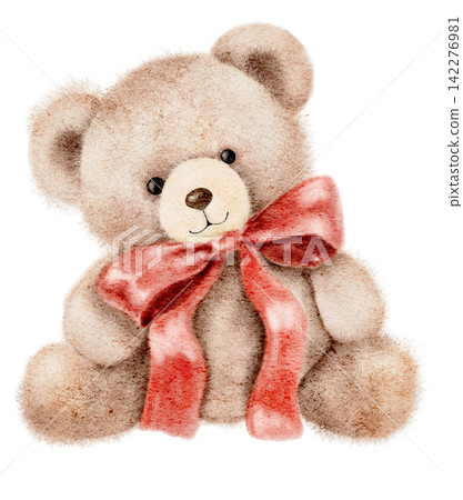 Watercolor teddy bear with soft beige fur and a red bow around its neck, an illustration for nursery decor, children's stationery, greeting cards, gifts, birthdays and Christmas holidays. Watercolor teddy bear with soft beige fur and a red bow around its neck, an illustration for nursery decor, children's stationery, greeting cards, gifts, birthdays and Christmas holidays. 142276981