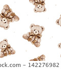 Seamless watercolor pattern with beige teddy bears wearing brown and red bows, arranged in different poses, an illustration for nursery decor, children's stationery, wrapping paper and gifts. 142276982