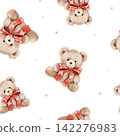 Seamless watercolor pattern with beige teddy bears wearing brown and red bows, arranged in different poses, an illustration for nursery decor, children's stationery, wrapping paper and gifts. 142276983