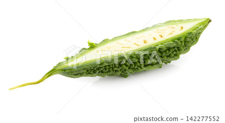 Fresh bitter gourd Bitter cucumber or bitter melon with cut slice isolated on a transparent background. 142277552