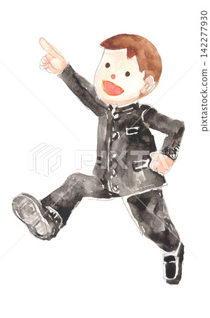 A watercolor illustration of a middle school boy in a school uniform jumping. A watercolor illustration of a middle school boy in a school uniform jumping. 142277930
