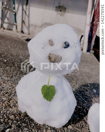 A cute snowman with a leaf on its chest in a winter scene. A cute snowman with a leaf on its chest in a winter scene. 142278591