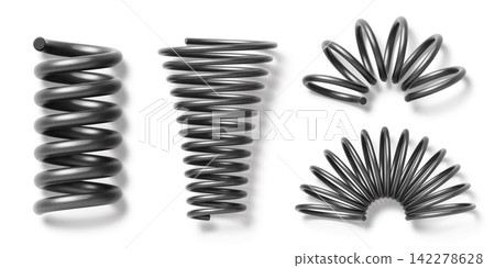 Black metal spiral helical coil springs in various shapes - cylindrical, conical, arched isolated on white background. 3D render set of suspension steel spring parts for engineering. 3D illustration Black metal spiral helical coil springs in various shapes - cylindrical, conical, arched isolated on white background. 3D render set of suspension steel spring parts for engineering. 3D illustration 142278628