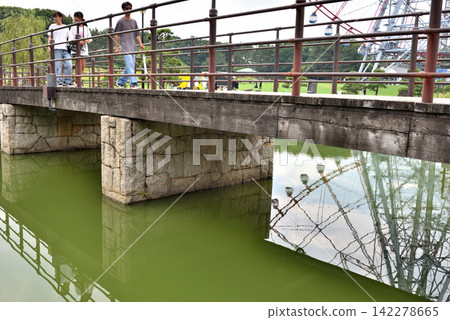 葛西臨海公園池塘中倒映著摩天輪,人們正在過橋。 葛西臨海公園池塘中倒映著摩天輪,人們正在過橋。 142278665