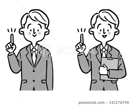 Male office worker explaining points; upper body; vector (monochrome) Male office worker explaining points; upper body; vector (monochrome) 142278749