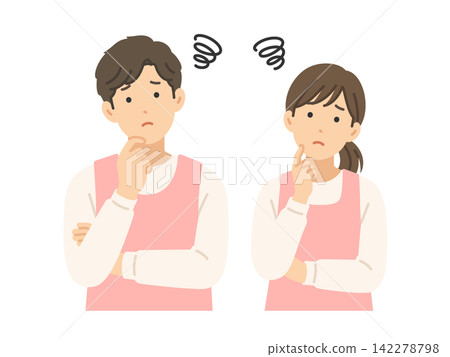 Troubled, male and female childcare workers, flat illustration Troubled, male and female childcare workers, flat illustration 142278798