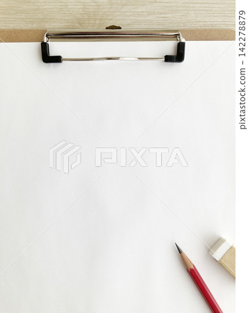 A clipboard holds a white piece of paper, a pencil, and an eraser. It's suitable for business/study backgrounds, notes, questionnaires, and checklists. A clipboard holds a white piece of paper, a pencil, and an eraser. It's suitable for business/study backgrounds, notes, questionnaires, and checklists. 142278879