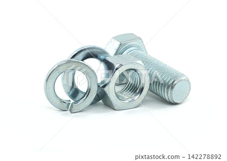 Zinc Plated Steel Bolt Nut and Split Washer Arranged for Industrial Assembly and Construction Zinc Plated Steel Bolt Nut and Split Washer Arranged for Industrial Assembly and Construction 142278892