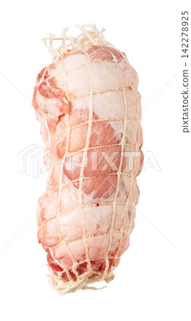 Raw pork block in a net, isolated against a white background, with string netting for making char siu, and shaded. Raw pork block in a net, isolated against a white background, with string netting for making char siu, and shaded. 142278925