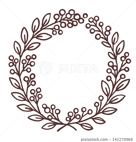 Autumn-colored wreath frame line drawing with nuts and colorful leaves Autumn-colored wreath frame line drawing with nuts and colorful leaves 142278968