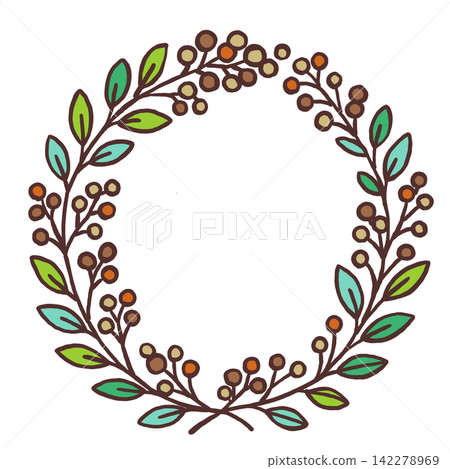 Autumn-colored wreath frame with nuts and colorful leaves Autumn-colored wreath frame with nuts and colorful leaves 142278969