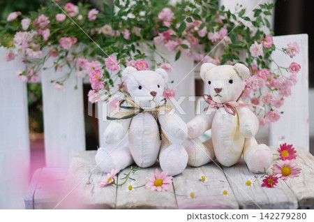 Pink mini roses and bear 142279280