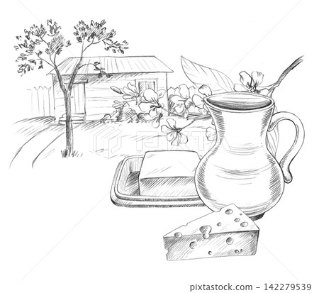 Jug, bird cherry branch, butter and cheese on the landscape on the background. Handmade farm pencil illustrations. For design of cards, cover, prints, product labels and fabric. Jug, bird cherry branch, butter and cheese on the landscape on the background. Handmade farm pencil illustrations. For design of cards, cover, prints, product labels and fabric. 142279539
