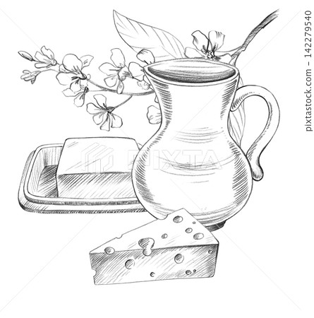 Jug, bird cherry branch, butter and cheese. Handmade farm pencil illustrations. For design of cards, cover, prints, product labels and fabric. Jug, bird cherry branch, butter and cheese. Handmade farm pencil illustrations. For design of cards, cover, prints, product labels and fabric. 142279540
