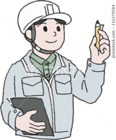 Illustration of a male worker facing right with a clipboard (inspection, estimation, motivation, color, vector) Illustration of a male worker facing right with a clipboard (inspection, estimation, motivation, color, vector) 142279564