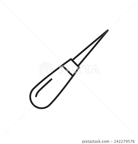 Minimalist line art icon of a sharp handstitching awl tool used for piercing leather. Minimalist line art icon of a sharp handstitching awl tool used for piercing leather. 142279576
