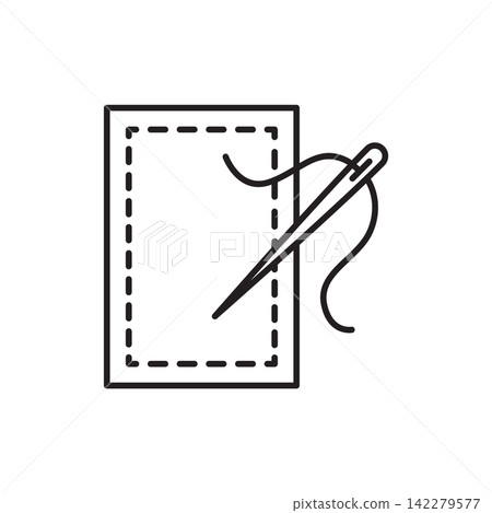 Minimalist line art icon of a stitched leather piece with a hand-sewing needle. Minimalist line art icon of a stitched leather piece with a hand-sewing needle. 142279577