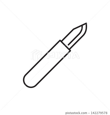 Minimalist line art icon of a sharp utility cutter knife for trimming leather sheets. Minimalist line art icon of a sharp utility cutter knife for trimming leather sheets. 142279578
