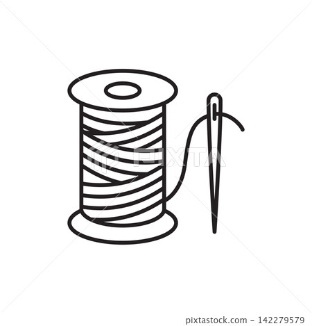 Minimalist line art icon of a spool of waxed thread paired with a stitching needle. Minimalist line art icon of a spool of waxed thread paired with a stitching needle. 142279579