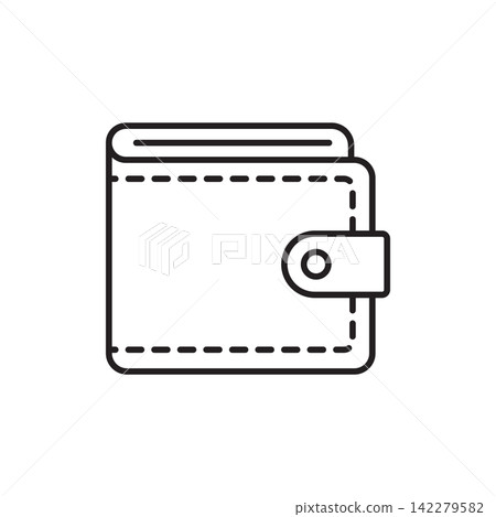 Minimalist line art icon of a bifold leather wallet with a snap closure. Minimalist line art icon of a bifold leather wallet with a snap closure. 142279582