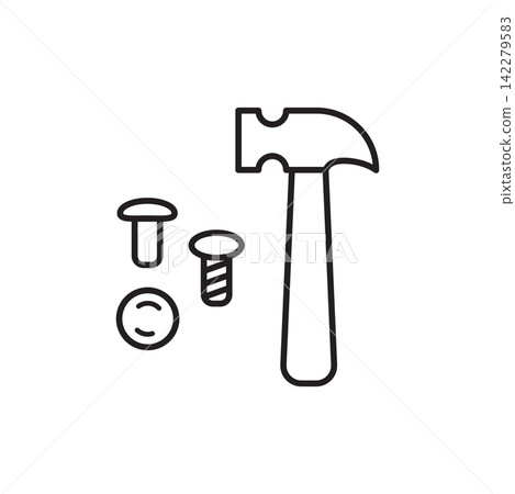 Minimalist line art icon of rivets, metal studs, and a setting hammer tool for leathercraft. Minimalist line art icon of rivets, metal studs, and a setting hammer tool for leathercraft. 142279583