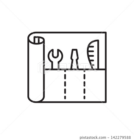 Minimalist line art icon of a pouch roll filled with leather crafting hand tools. Minimalist line art icon of a pouch roll filled with leather crafting hand tools. 142279588