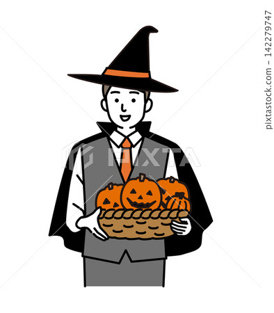 A male restaurant staff member in a Halloween costume. 142279747