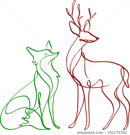 Minimalist one line drawings abstract art of a fox and deer with flowing continuous lines on a clean white background. 142279762