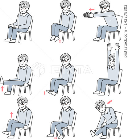A set of senior men doing exercises while sitting in a chair. A set of senior men doing exercises while sitting in a chair. 142279802