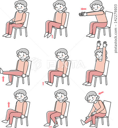 A set of senior women doing exercises while sitting in a chair. 142279803