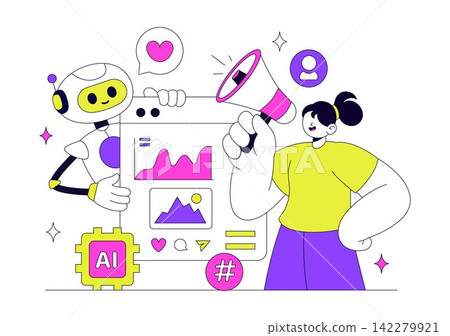 AI Marketing Vector Illustration Featuring Smart Robot, Digital Advertising, Analytics, Target Strategy and Business Growth 142279921