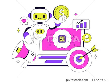 AI Marketing Vector Illustration Featuring Smart Robot, Digital Advertising, Analytics, Target Strategy and Business Growth AI Marketing Vector Illustration Featuring Smart Robot, Digital Advertising, Analytics, Target Strategy and Business Growth 142279922