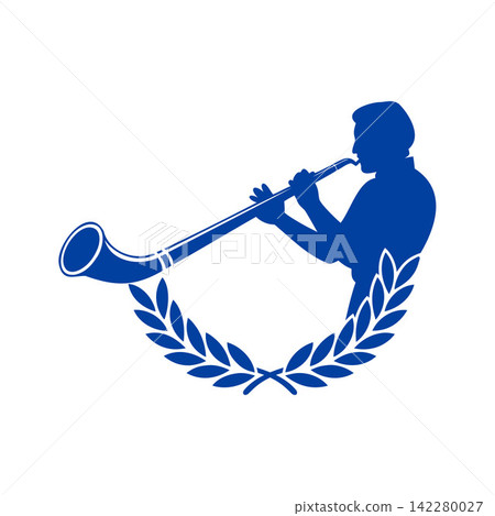 Octoberfest celebration emblem with man playing alphorn and wheat wreath Octoberfest celebration emblem with man playing alphorn and wheat wreath 142280027