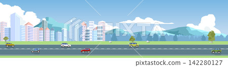 Urban landscape multiple cars driving on asphalt road highway. Toward a city with tall buildings green fields and mountains under a blue sky with white clouds. Urban landscape multiple cars driving on asphalt road highway. Toward a city with tall buildings green fields and mountains under a blue sky with white clouds. 142280127