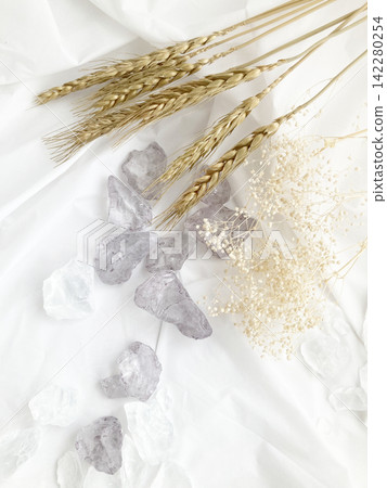 Amethyst and quartz crystals scattered on a white fabric, along with wheat stalks, dried flowers, and a healing/spiritual feel. Amethyst and quartz crystals scattered on a white fabric, along with wheat stalks, dried flowers, and a healing/spiritual feel. 142280254