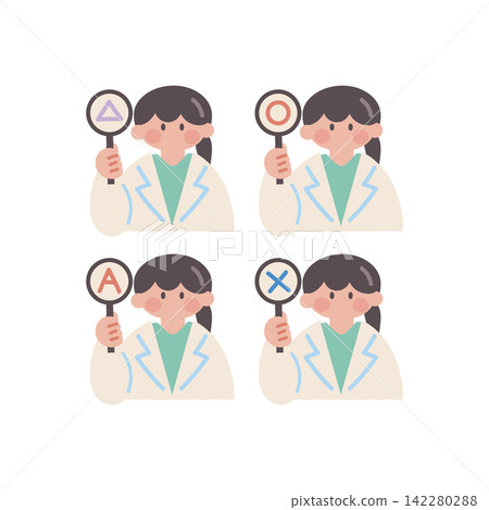 Illustration set of a person in a white coat holding true/false cards Illustration set of a person in a white coat holding true/false cards 142280288