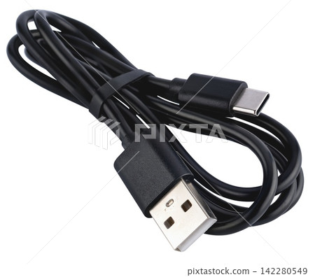 Close-up of a cable for charging and data transfer. Close-up of a cable for charging and data transfer. 142280549