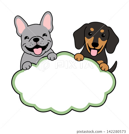 A framed illustration of a cute French Bulldog and Dachshund with cloud-shaped speech bubbles. A framed illustration of a cute French Bulldog and Dachshund with cloud-shaped speech bubbles. 142280573