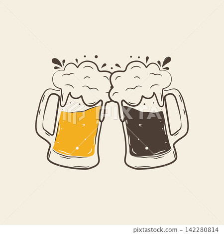 Handdrawn beer mugs clinking in toast gesture on clean background 142280814