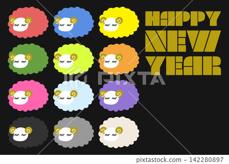 Cute New Year's card design featuring a sleeping sheep | Postcard template | 2027 Year of the Sheep (Horizontal) | Black Cute New Year's card design featuring a sleeping sheep | Postcard template | 2027 Year of the Sheep (Horizontal) | Black 142280897