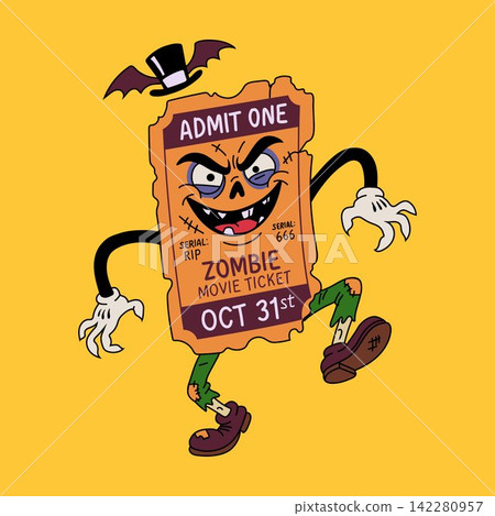Cute Haunted Movie Ticket Mascot for Halloween Design Cute Haunted Movie Ticket Mascot for Halloween Design 142280957
