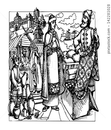 Vector drawing. Man sells a fabric om ancient market Vector drawing. Man sells a fabric om ancient market 142281028