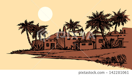Vector drawing. Old village at river Vector drawing. Old village at river 142281061
