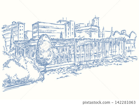 Vector illustration of a building destroyed by an explosion. 142281063