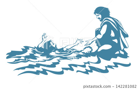 Vector drawing. Jesus helps man in a storm Vector drawing. Jesus helps man in a storm 142281082