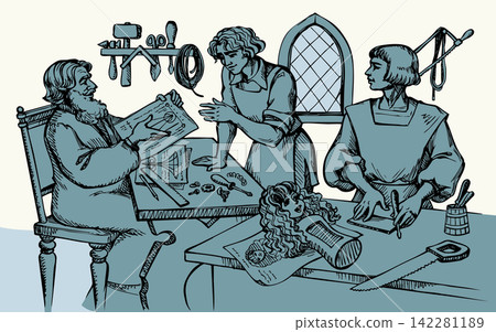 Vector illustration. A master teaches a student the art of craftsmanship. Vector illustration. A master teaches a student the art of craftsmanship. 142281189