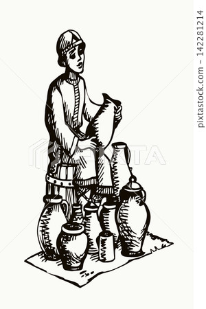 Vector illustration of a boy selling pots. Vector illustration of a boy selling pots. 142281214