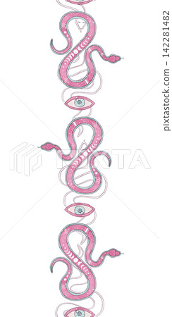 Seamless vertical border pattern hand drawn mystical pink snakes, third eyes, moon phases. Esoteric celestial edging, watercolor illustration, graphic line art. For tape, frame, boho textile, ribbon Seamless vertical border pattern hand drawn mystical pink snakes, third eyes, moon phases. Esoteric celestial edging, watercolor illustration, graphic line art. For tape, frame, boho textile, ribbon 142281482