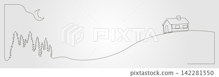 Cottage continues line art showing a minimalist spruce forest and simple moon. cabin with night view design Cottage continues line art showing a minimalist spruce forest and simple moon. cabin with night view design 142281550